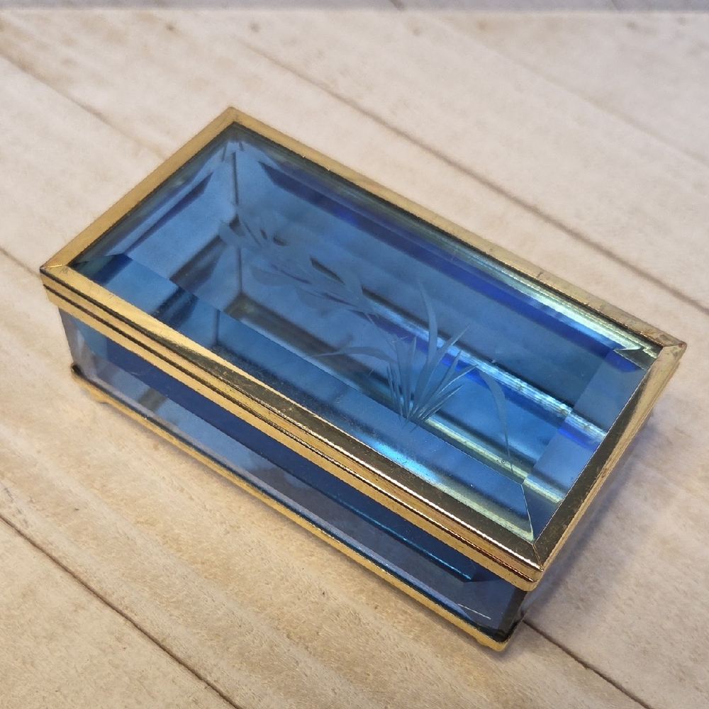 Vintage Blue Glass Brass Finished Trinket Jewellery Box